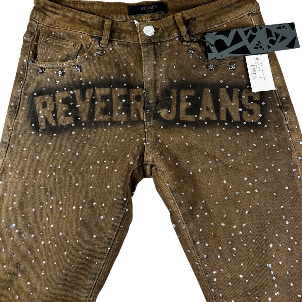 Reveer Jeans Mens 32 Brown Wash Rhinestone Flame Skinny Fit Denim Pants NWT